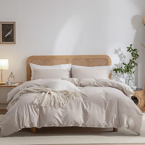 Miniatura 1 de Juego de funda de edredón beige de algodón lavado, tamaño Queen, con textura similar al lino, con cierre de cremallera, 4 lazos para una sensación
