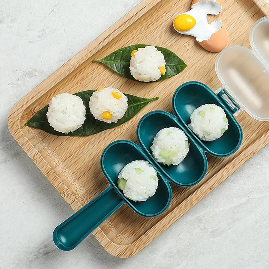 3-fach Reisballen-Former, Antihaft-Sushi-Maker, 17 cm, Blau, DIY-Onigiri-Kugelform für Küche und Camping