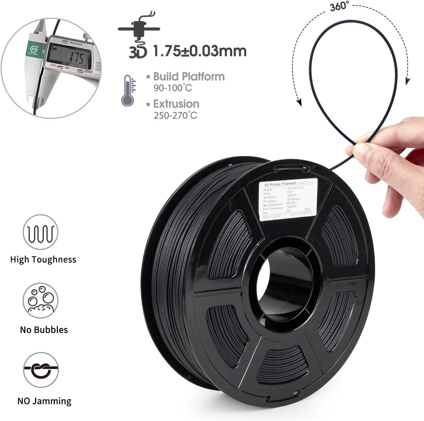 iSANMATE ASA-GF 3D Printer Filament, 10% Glass Fiber Reinforced, Superior Weather & UV Resistance, High Strength & Thermal Stability for Outdoor & High-Impact Applications (1kg, Black)