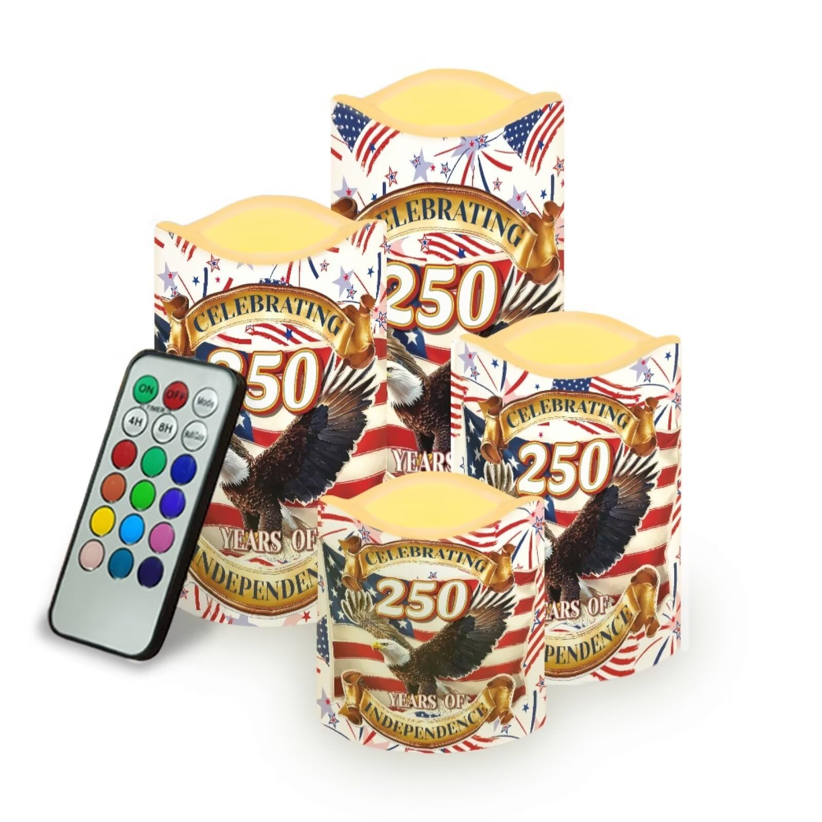 Independence Day Flameless LED Candles Patriotic Floral Design Warm Lamp America 250th Battery Operated Flickering Timer Candle Aesthetic Cozy Minimalist Home Decor, 4 Pack