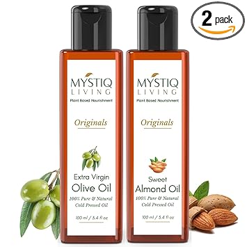 Mystiq Living Originals Combo - Extra Virgin Olive Oil & Sweet Almond Oil | For Hair, Skin And Massage | Cold Pressed, Pure & Natural - 200 ML (Pack of 2)