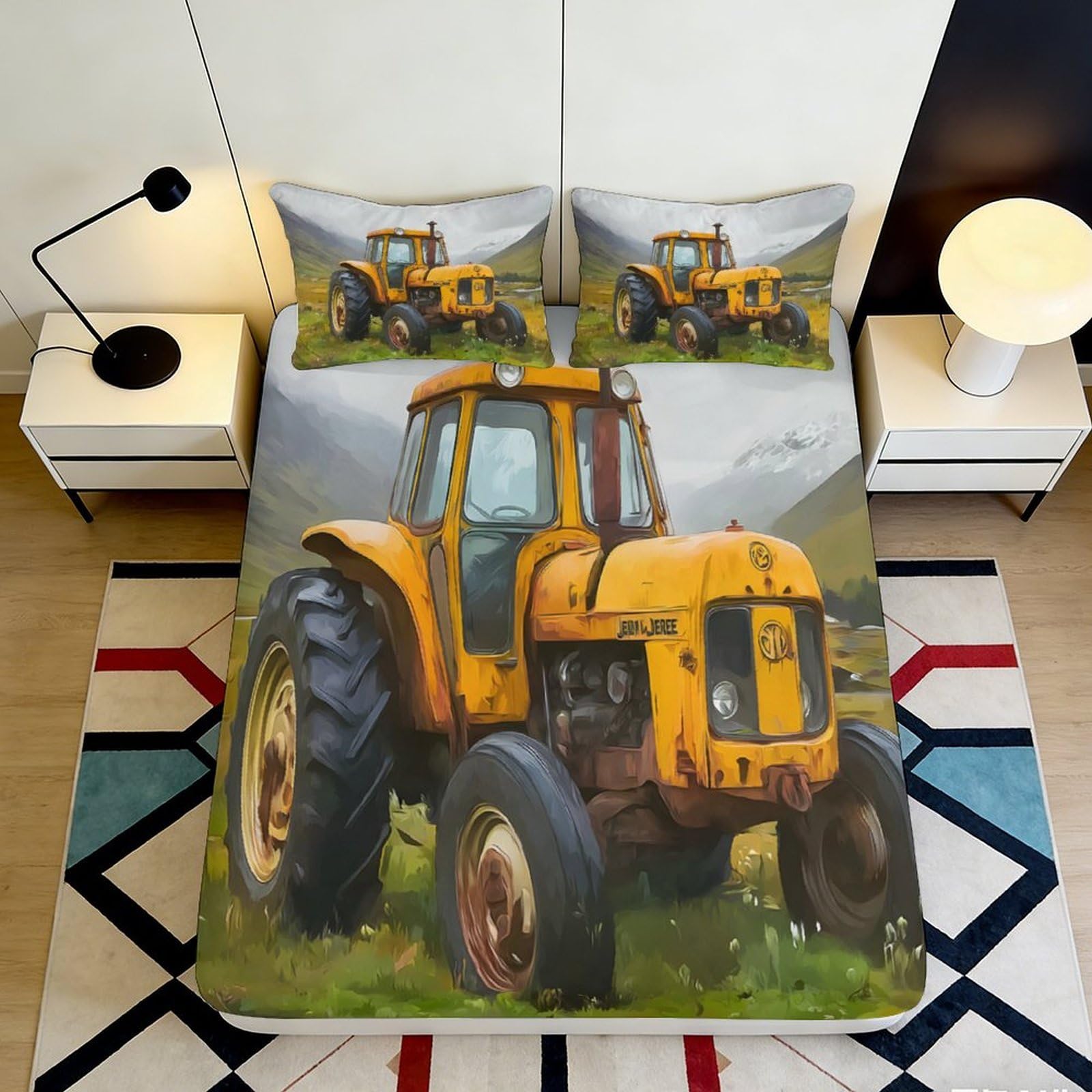 Pnayamiorkfel Style-1 3D Printed Yellow Vintage Tractor Fitted Sheet Microfiber Soft Farm Landscape Bed Cover For Bedroom Decor 90X200x25cm