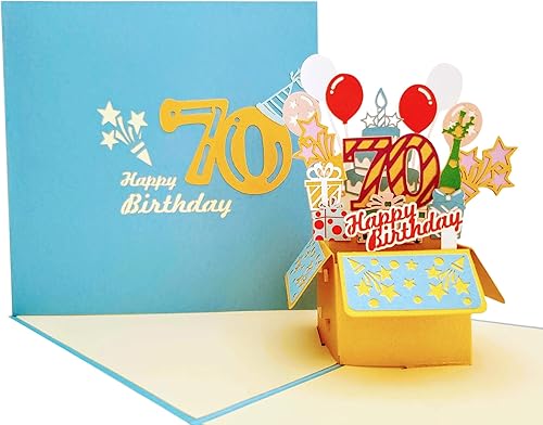 iGifts And Cards Caja de fiesta de cumpleaños azul de 70 años, tarjeta de felicitación 3D, impresionante, globos, única, celebración, feliz