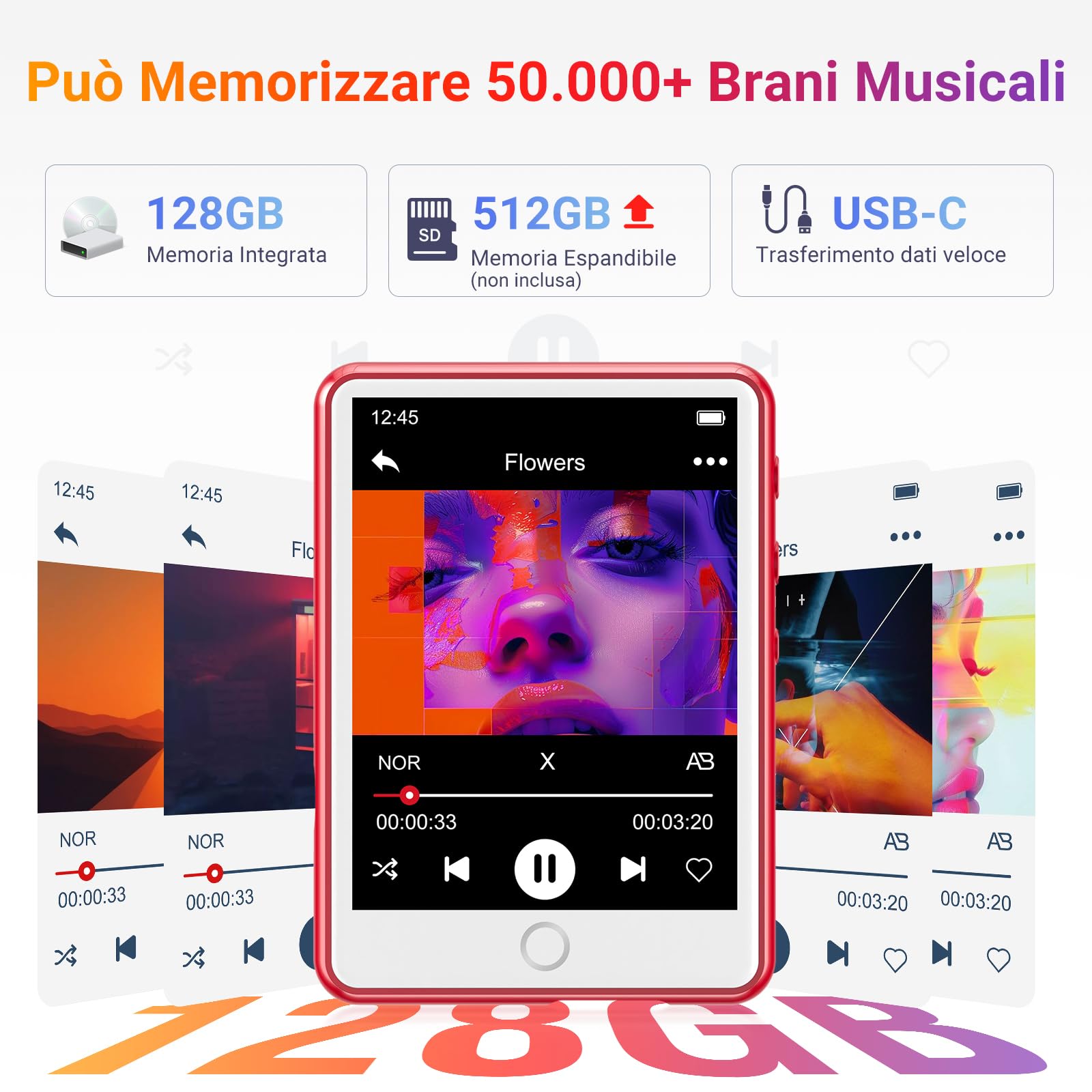 MECHEN Lettore MP3 Bluetooth 5.3, touchscreen da 2,4 pollici, qualità audio senza perdite, FM Radio, 512 GB espandibile (128GB)