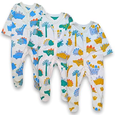 TuddyBuddy 100% Cotton Multi Color Footed Romper/Bodysuit/Sleepsuits for Baby - (Pack of 3 Sleepsuits - Dinos, 6-9 Month