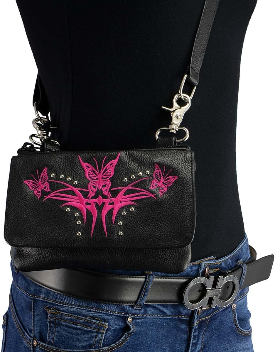 Milwaukee Leather MP8851 Women's Black and Pink Leather Multi Pocket Belt Bag - One Size