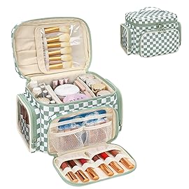 Large Checkered Makeup Bag, Portable Travel Makeup Bag Organizer for Women Girls with Makeup Brush Compartment & Two Side Pockets, Cosmetic Travel Bag Vertical Storage Toiletry Bag- Green1