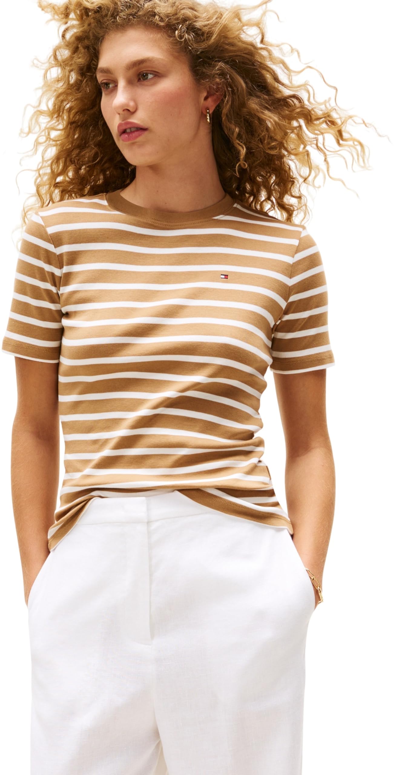 Tommy Hilfiger Women’s Short Sleeve Round Neck Slim Cody T-Shirt, Multicolor (Hickory/Ecru STP), XL