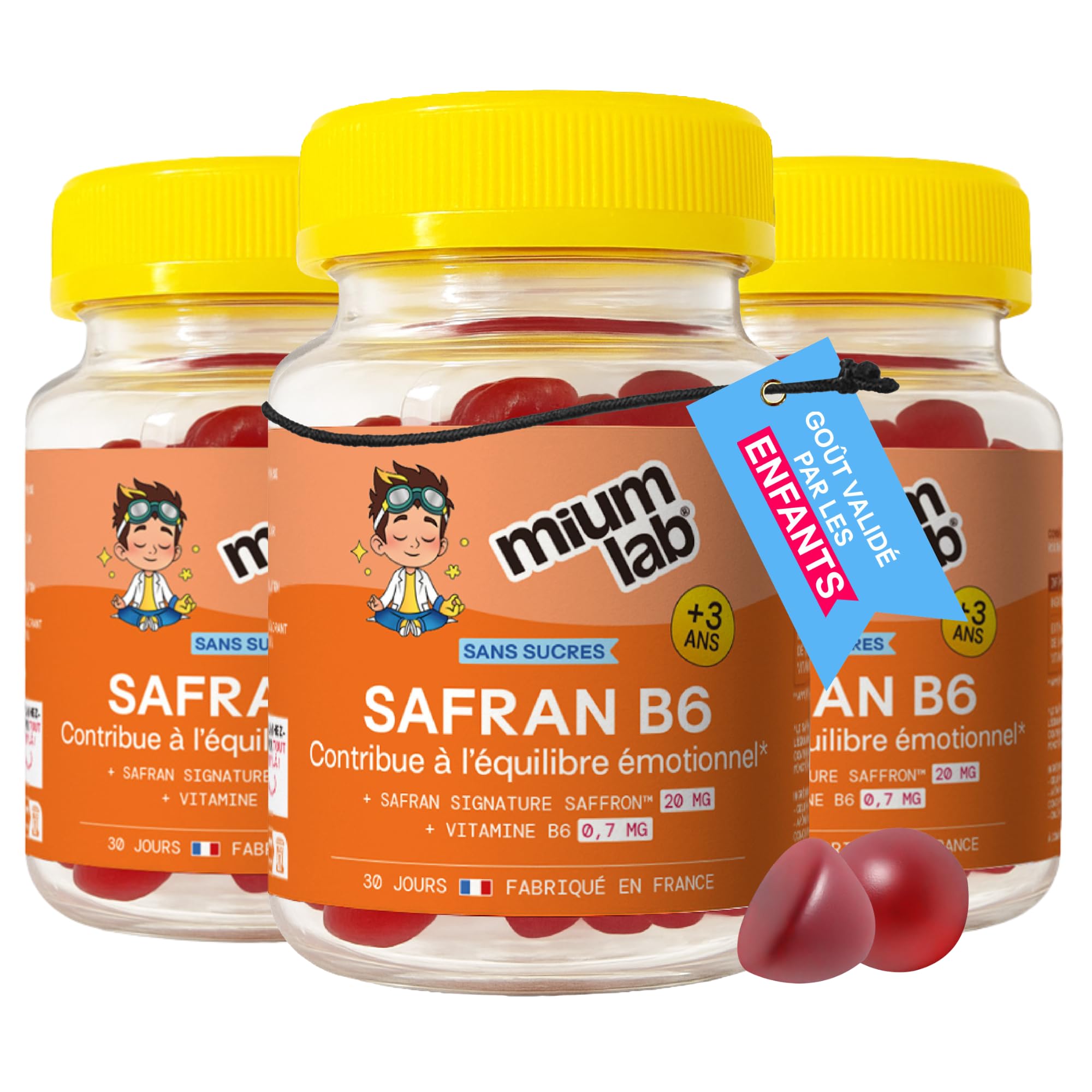 MIUM LAB - Gummies Safran Enfant Vitamine B6 – Équilibre Émotionnel & Concentration – Aide à Gérer Émotions & Agitation – Complément Alimentaire Enfant Sans Sucres – Goût Fraise – Lot de 3