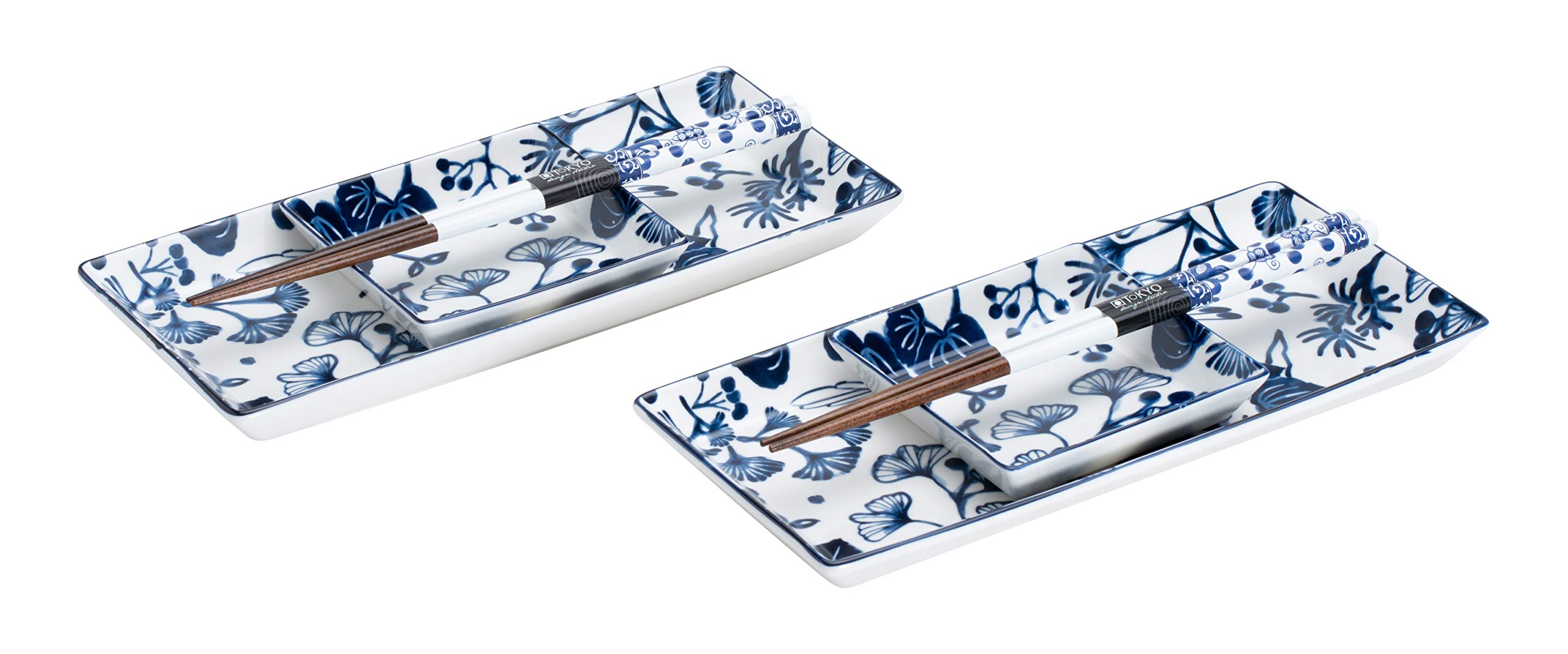 TOKYO design studio Set à Sushi Flora Japonica Bleu-Blanc, 6 pièces, 2X Assiettes à Sushi, 2X Bols à Sauce, 2X Baguettes, Porcelaine Asiatique, Design Japonais, Emballage Cadeau Inclus