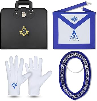 Masonic Blue Lodge Master Mason Apron Set - Square & Compass G Logo Apron with Embroidered Gloves, Chain Collar & Soft Carry Case | Freemason Regalia