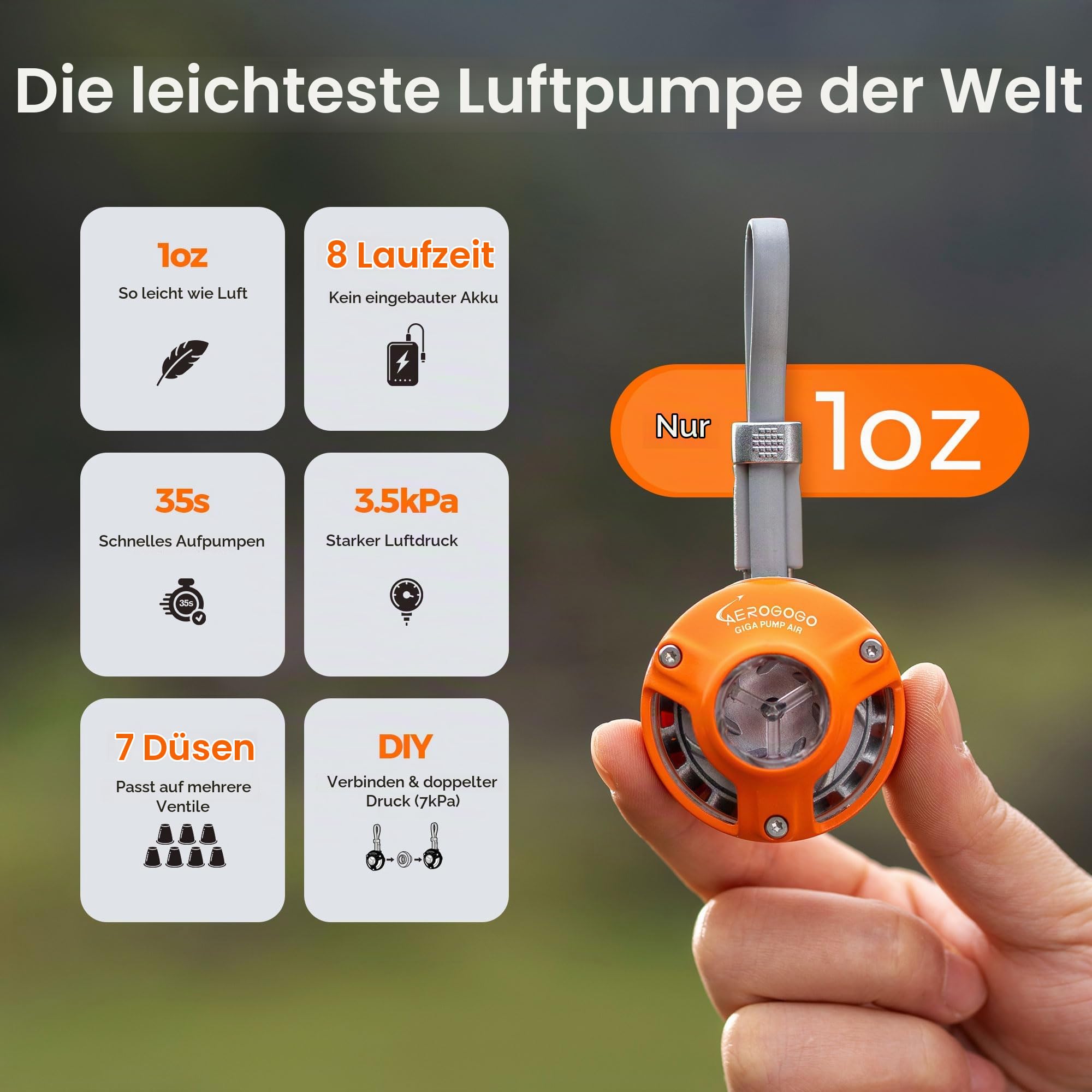 Aerogogo GIGA Pumpe Luftpumpe für aufblasbare Gegenstände, nur 28.3 g Ultra-Mini Tragbare Luftmatratzenpumpe für Ultraleichte Campingausrüstung, Pool Floats Luftbett Luftmatratze