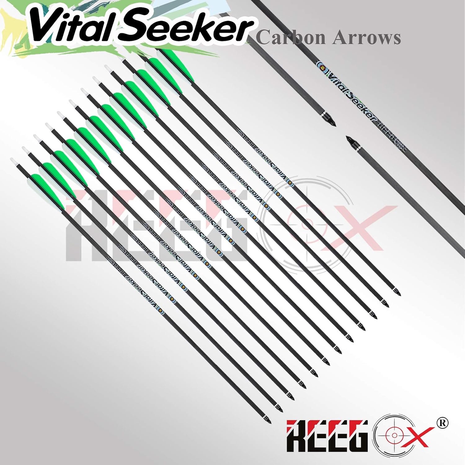 REEGOX Carbon Arrows Vital Seeker Hunting Arrows with 100 Grain Field Points Practice Target Arrows for Archery Compound Bows and Recurve Bow (12 Pack)