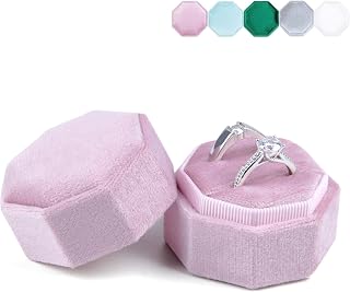 Actume Velvet Ring Bearer Box- Octagon Round Gorgeous Vintage Double Ring Display - Bring Lucky Jewelry Box with Removable Cover for Proposal, Engagement, Wedding, Ceremony