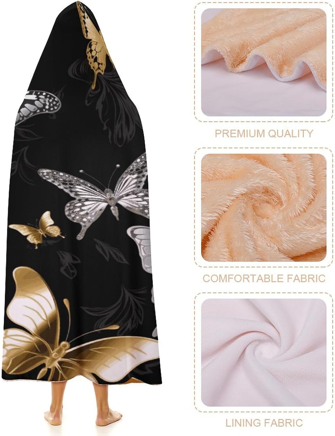Gold White Butterflies Black Hooded Blanket Cozy And Functional,Wearable Blanket Hoodie for Women Men,Blanket Poncho Presents60 x80