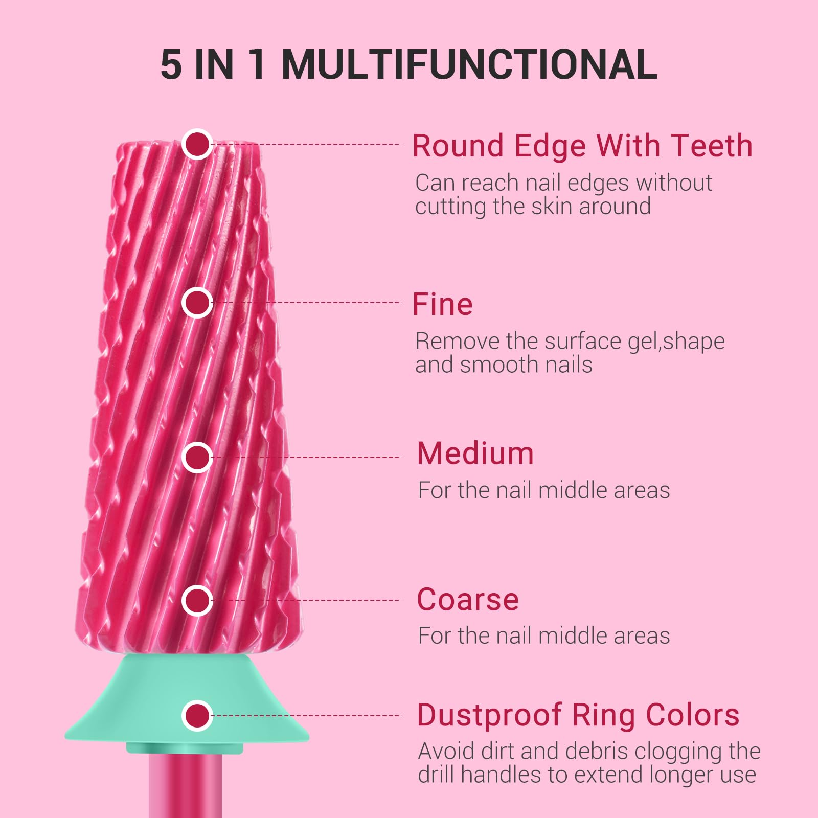 Brocas profesionales 5 en 1 para uñas, brocas multifuncionales de carburo de tungsteno de 3/32 pulgadas, adecuadas para manicura, pedicura, cutícula, esmalte en gel, brocas de técnicos, 3