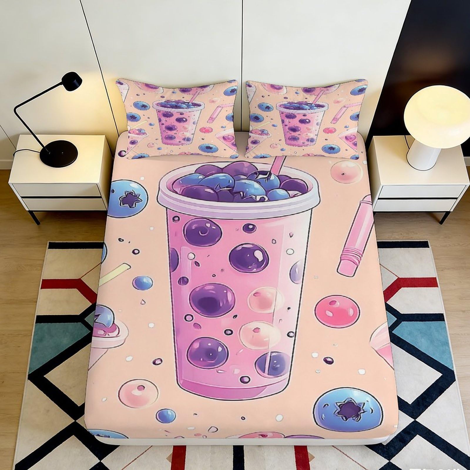 3D Printed Bubble Tea Fitted Sheet Microfiber Soft Pastel Cartoon Drink Bed Cover for Bedroom Dorm Mattress Protection Decor 90x200x25cm