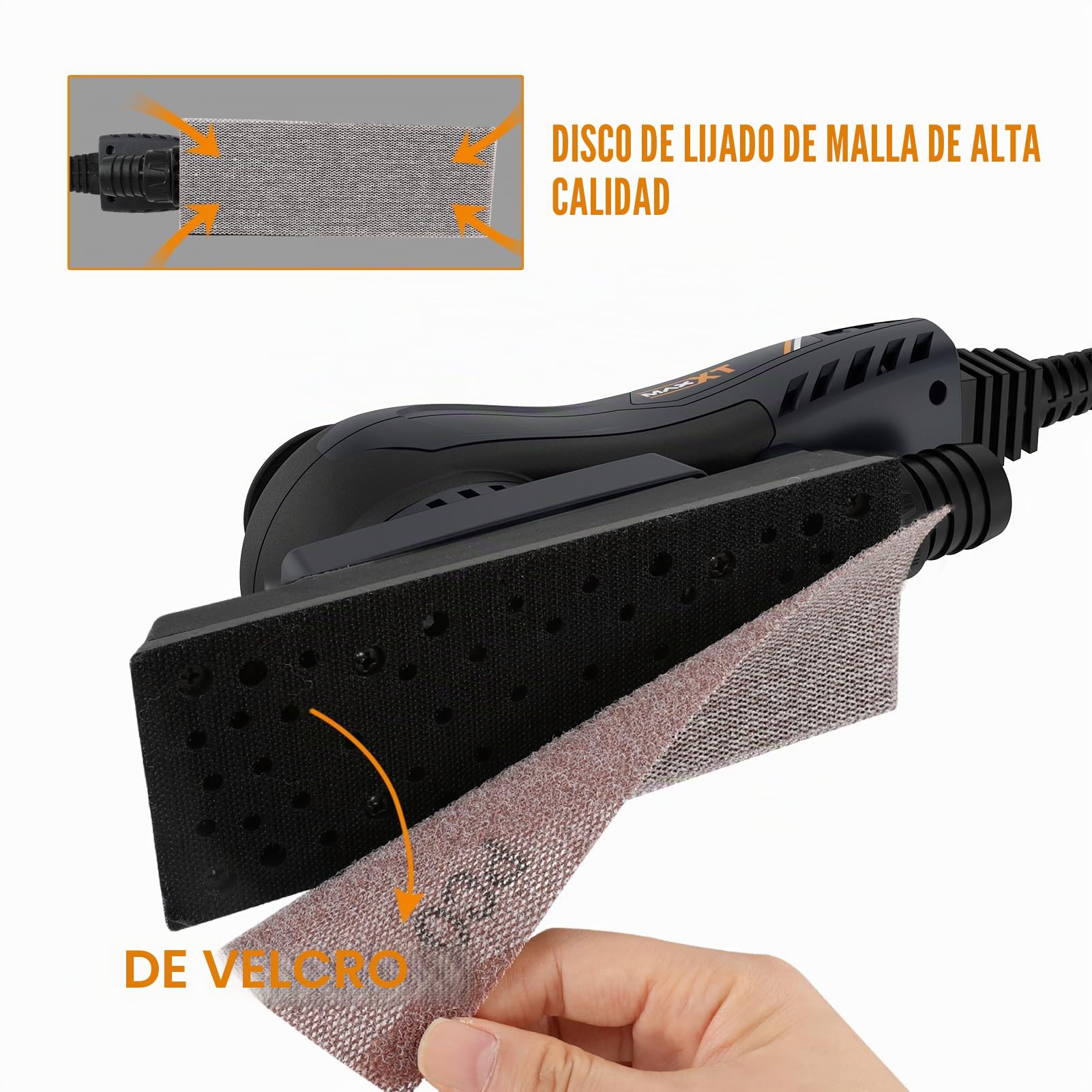 Lijadora orbital 3mm sin escobillas MAXXT, Lijadora electrica 350W velocidad ajustable-4000-10000/RPM, Freno automático-2s, Recolección automática polvo, superficie lijado(198 * 70mm)-10 papeles lija