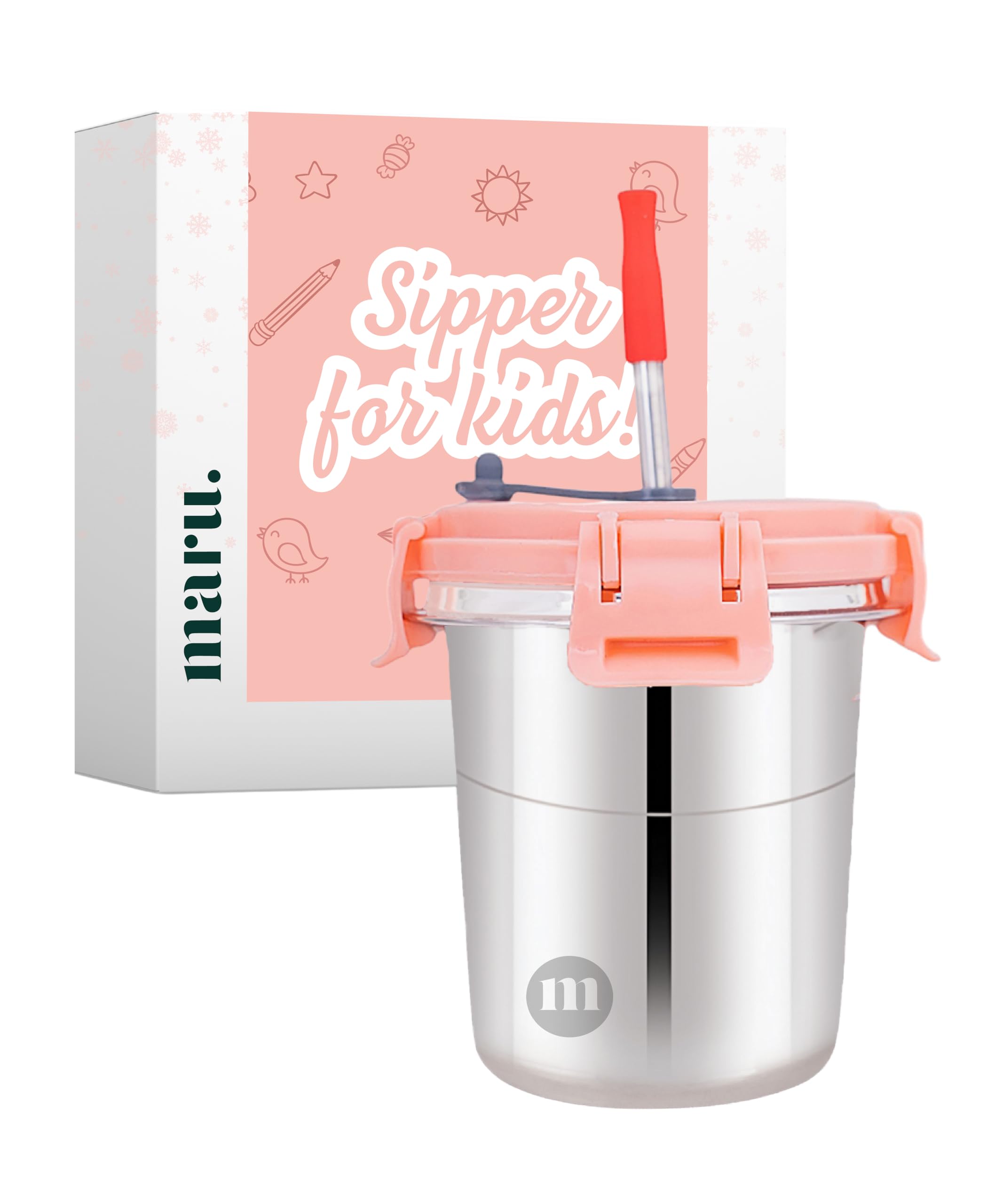 MARU Stainless Steel Tumbler for Kids - 300ml Drinkware with Straw, Secure Lid, Cleaning Brush, and Silicone Sleeve (Ice Pink) - Perfect for Smoothies and Juices!-image-16
