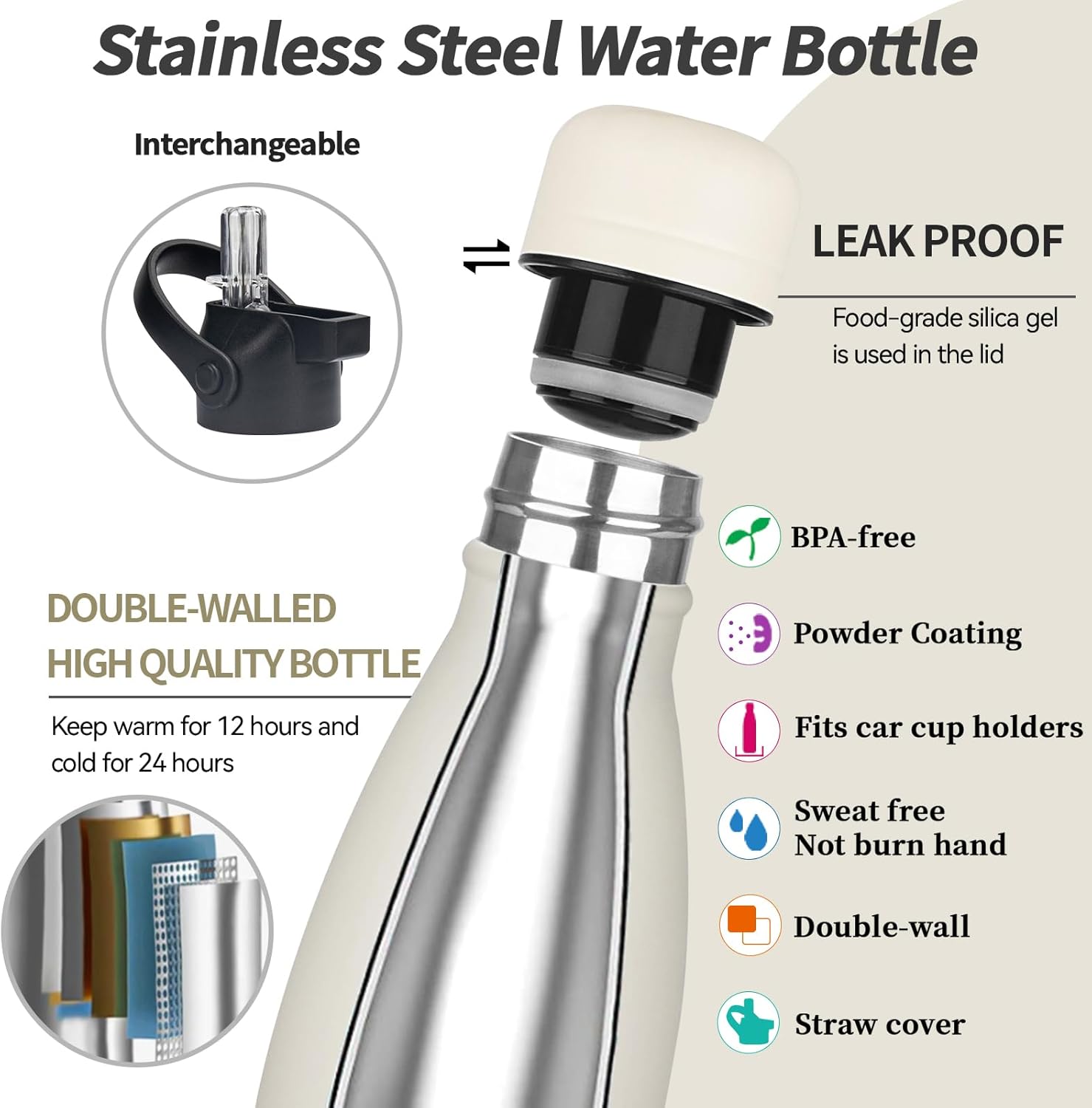 Insulated Water Bottle, 2 Pack-17oz Stainless Steel Water Bottles with straw lid, Metal Sports Water Bottles for Boys,Girls, Double Wall Vacuum BPA-Free Flask for School, Sports(Pink-white) - Image 3