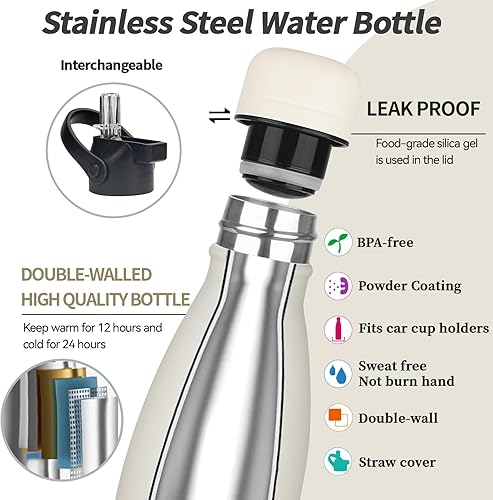 Miniatura 3 de Botella de agua aislada, paquete de 2 botellas de agua de acero inoxidable de 17 onzas con tapa con popote, botellas de agua deportivas de metal