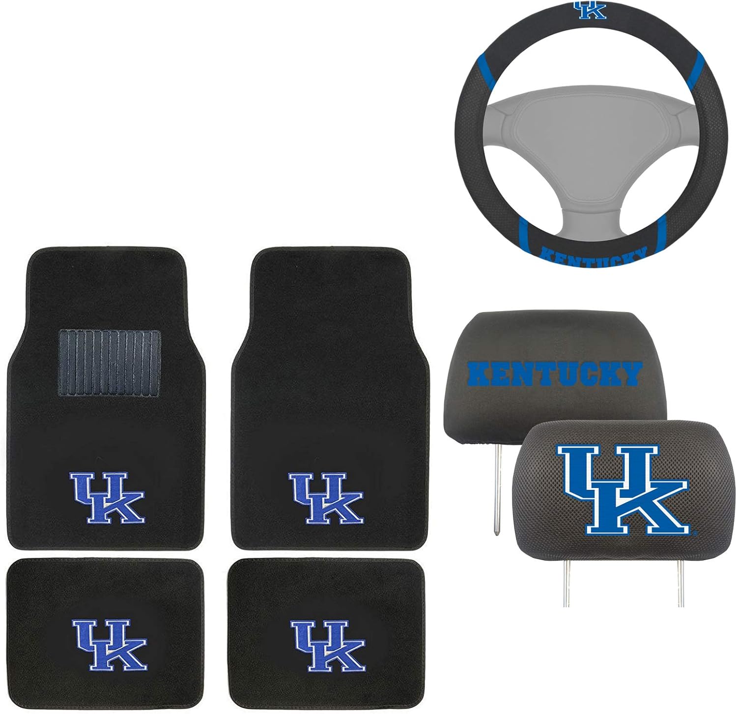 AAC FANMATS NCAA Carpet Floor Mats Bundle with Head Rests and Steering Wheel Cover for Kentucky Wildcats Fans Officially Licensed(7 Items)