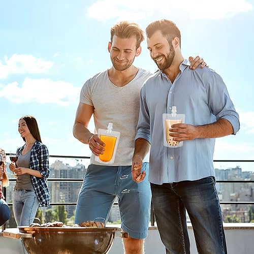 Miniatura 7 de Angoily 150 bolsas transparentes portátiles para bebidas con tapas de sellado para licor, jugo de soja, leche, agua, viajes, camping, senderismo y