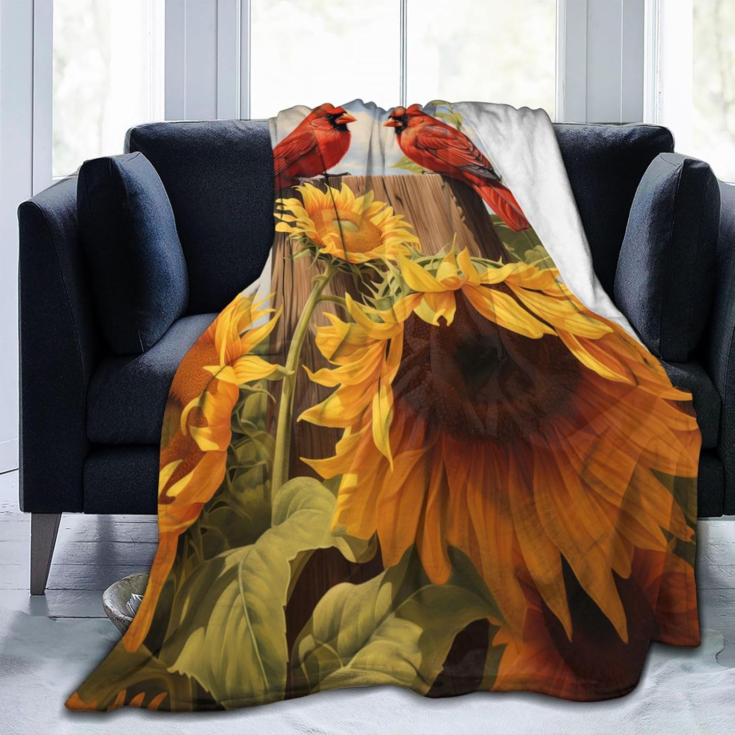 Red Cardinal Sunflower Blanket Gifts for Women Floral Birds Flannel Throw Blankets Soft Comfy Lightweight for Home Decor Couch Bed Sofa 60x50 Inches - Image 4