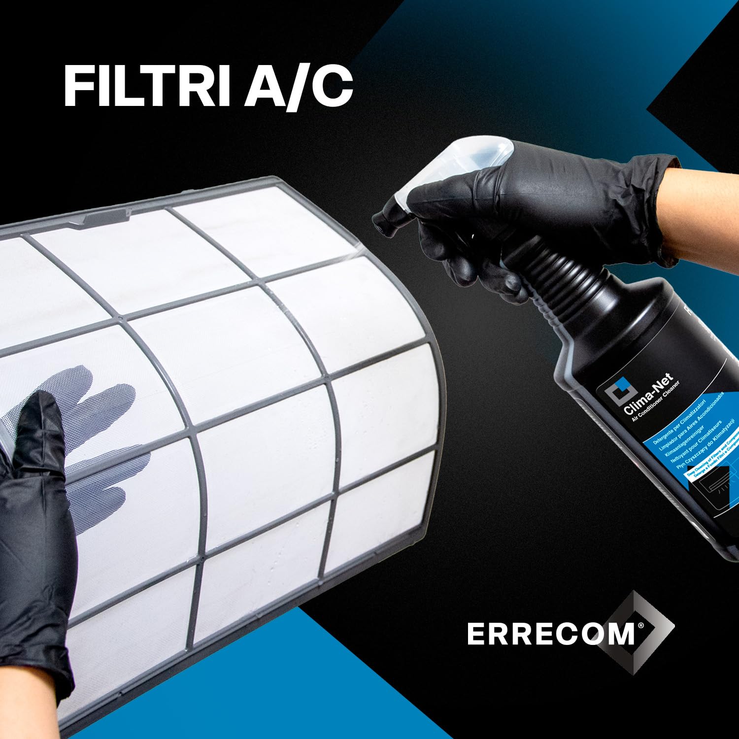 Errecom Clima-Net, Maxi Formato 1 Litro, Detergente per Climatizzatori, Filtri, Batterie Alettate, Deflettori e Unità esterne, Pulizia Profonda Condizionatore, Rimuove Sporco e Cattivi Odori, 1 L