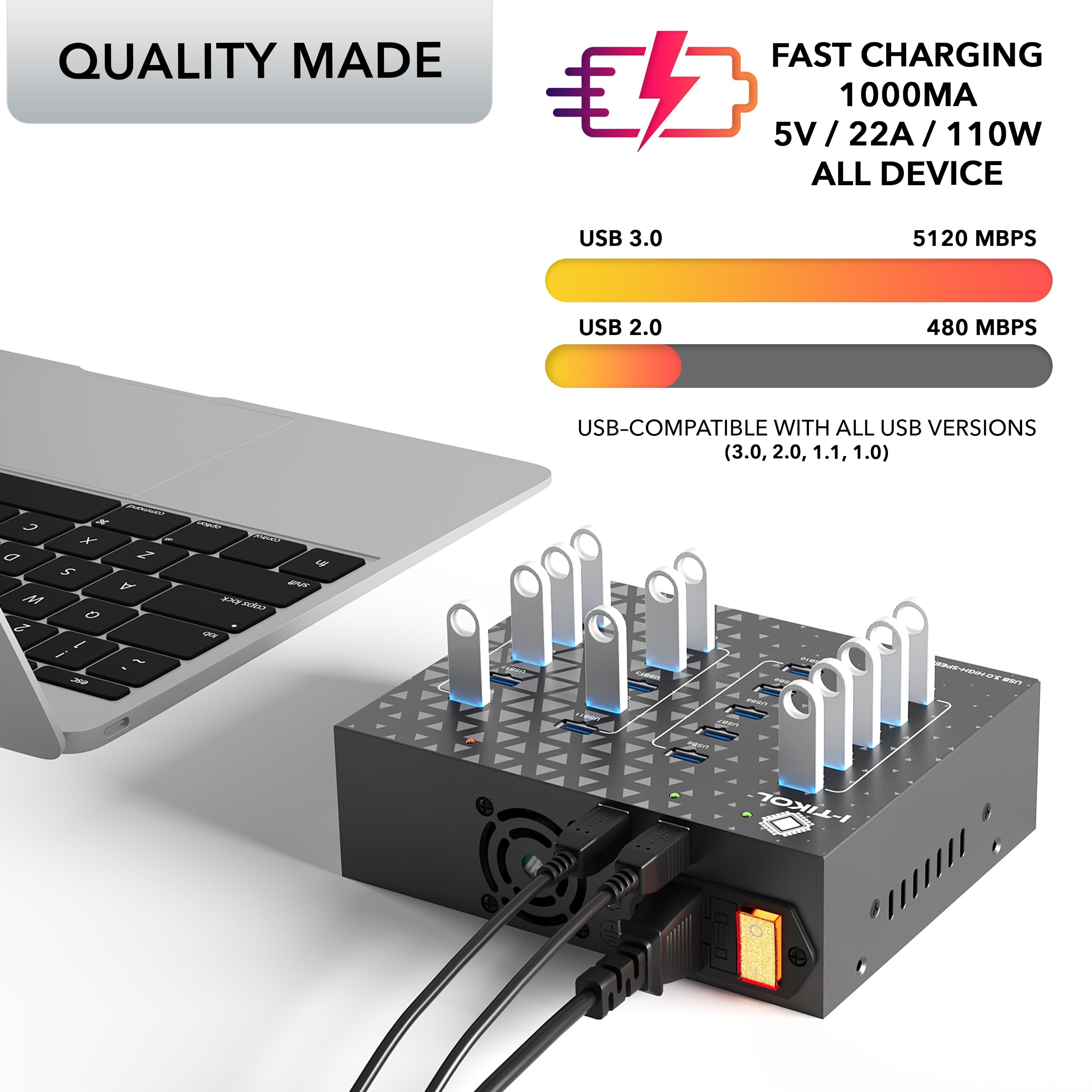20 - Port USB 3.0 Splitter Hub with Power Supply - High Speed Data Transfer for Desktop, Laptop, HDD, PC - Expand and Speed Up to 5 Gbps 110W - Industrial Grade Hub Compatible with External Drives