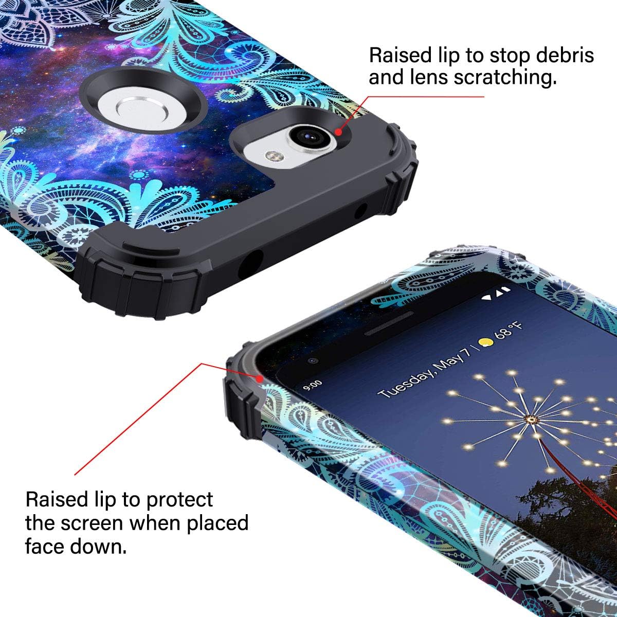 Casetego Compatible with Google Pixel 3a Case,Floral Three Layer Heavy Duty Hybrid Sturdy Shockproof Full Body Protective Cover Case for Google Pixel 3a,Blue Mandala
