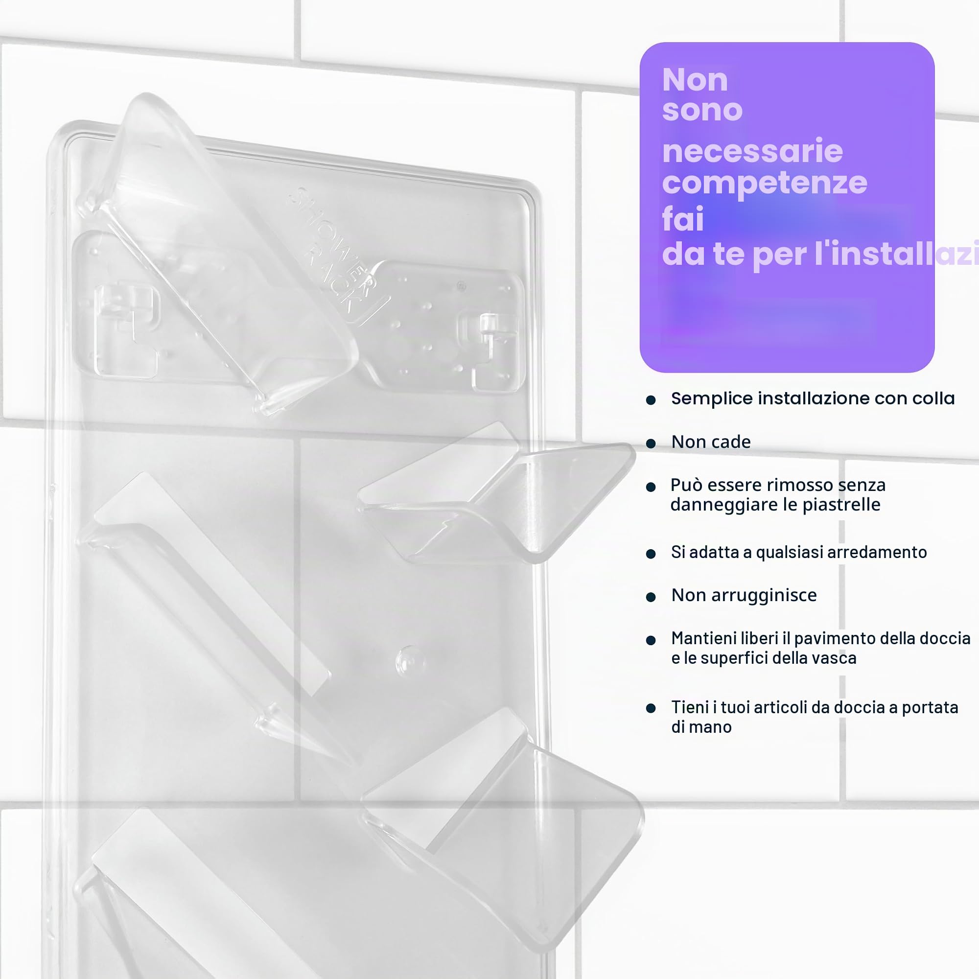 Carrello da doccia a parete in plastica trasparente, facile da installare, conservare con cura shampoo, balsami, rasoi e altri accessori su questo elegante bagno