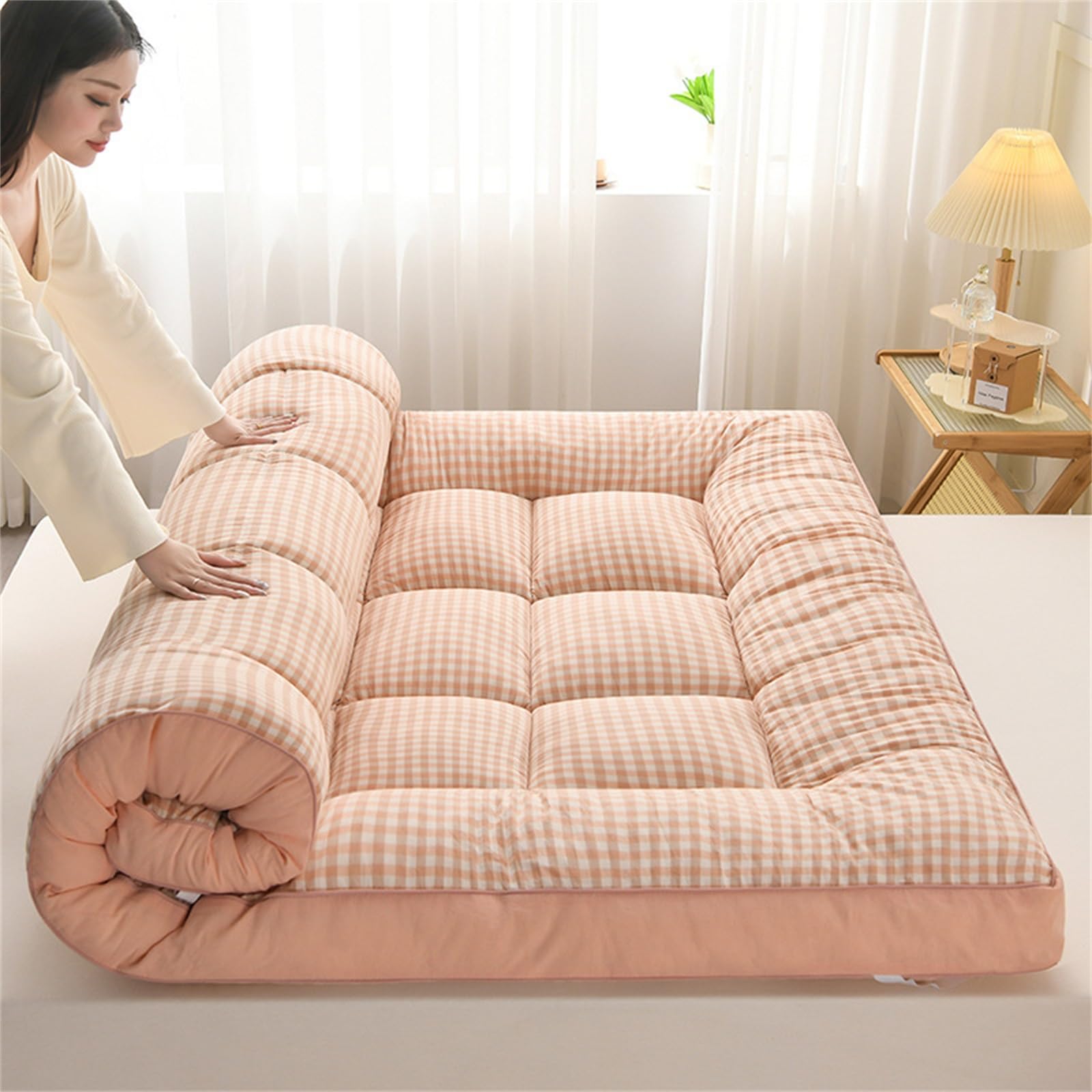 HUMAJORY Japanese Floor Mattress Futon Mattress, Extra Thick Soft Foldable Camping Mattress ， for Guests, Dormitories, Camping, Sofas, Loungers(Pink,90x200cm)
