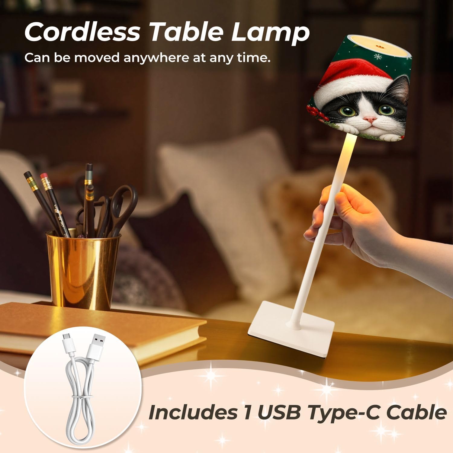 Mahjong Cordless Table Lamp Christmas Cat Santa Hat Holiday LED Desk Lamps Rechargeable 3 Color Dimming Outdoor for Mah Jong Table Nightstand Living Room Gift image 5
