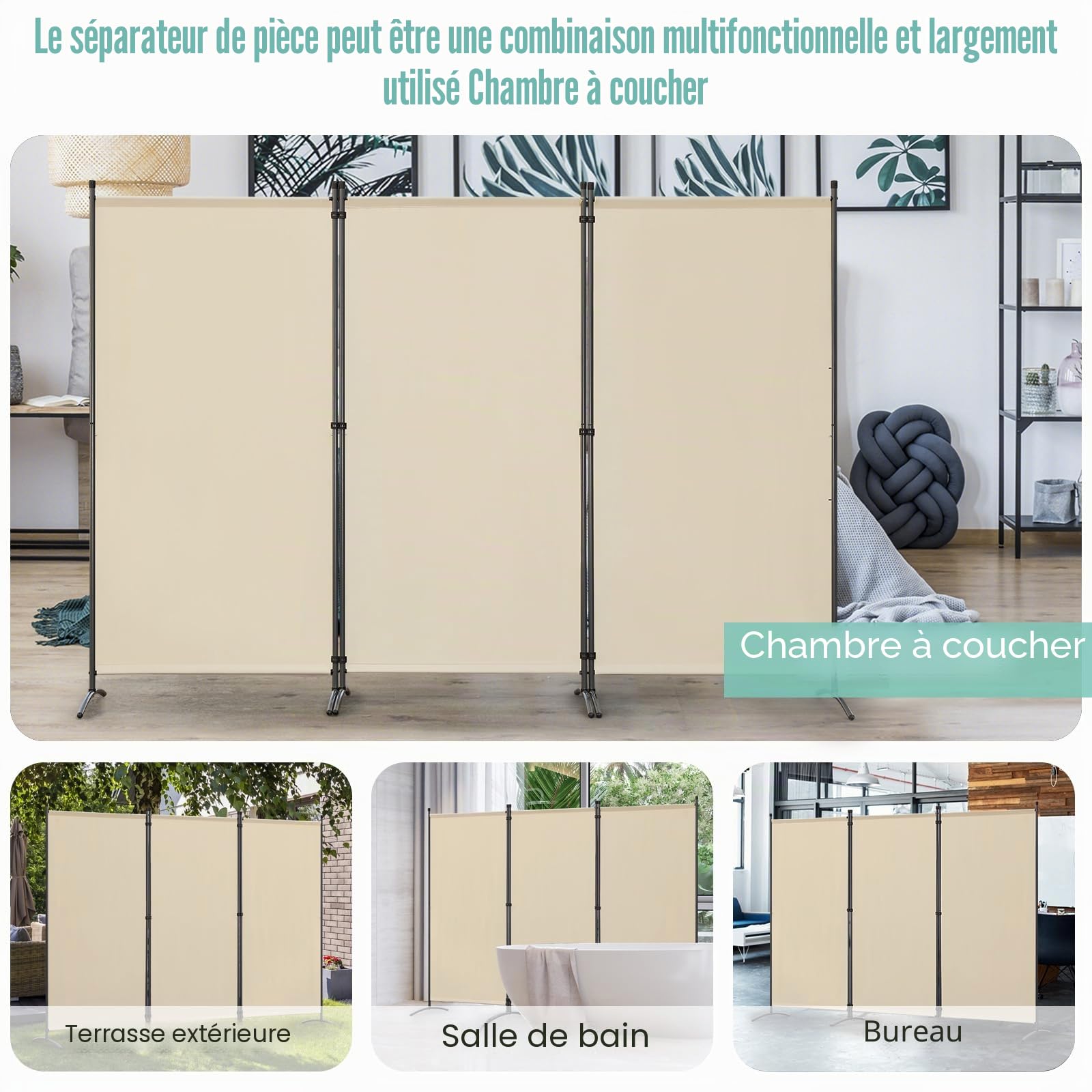 Angel Living Paravent 3 Panneaux, cloison de séparation Pliable et autoportante pour Bureaux, balcons, Chambres et Jardins extérieurs, 243 x 180 cm (Beige)