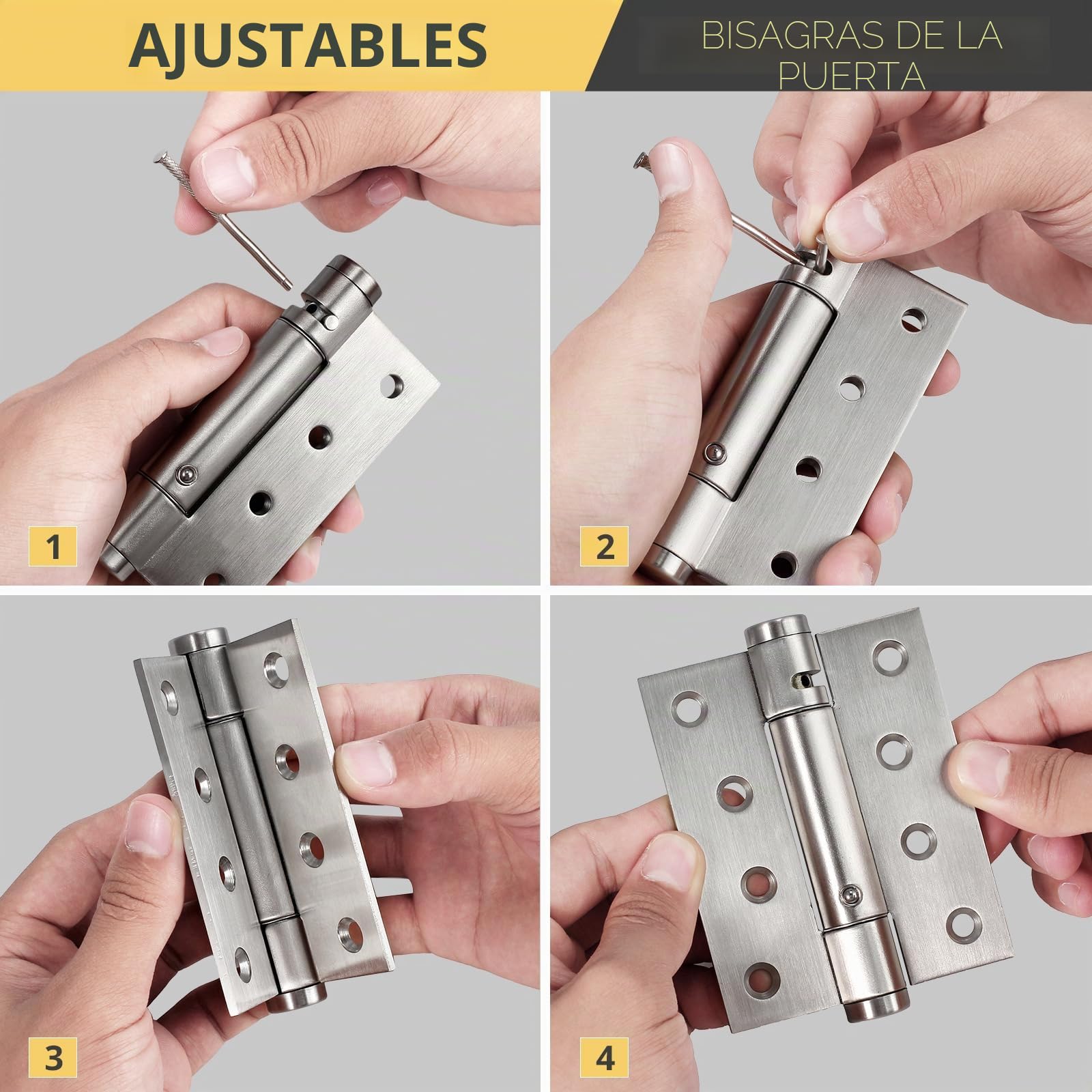 AMTOVL Bisagras para Puerta 4” 3PCs Bisagras de Acero Inoxidable con Resorte Ajustable Soporta Hasta 35KG Bisagras Plegables 100mm x 76mm x 3mm con Tornillos de Montaje para Mueble Puerta de Fuego
