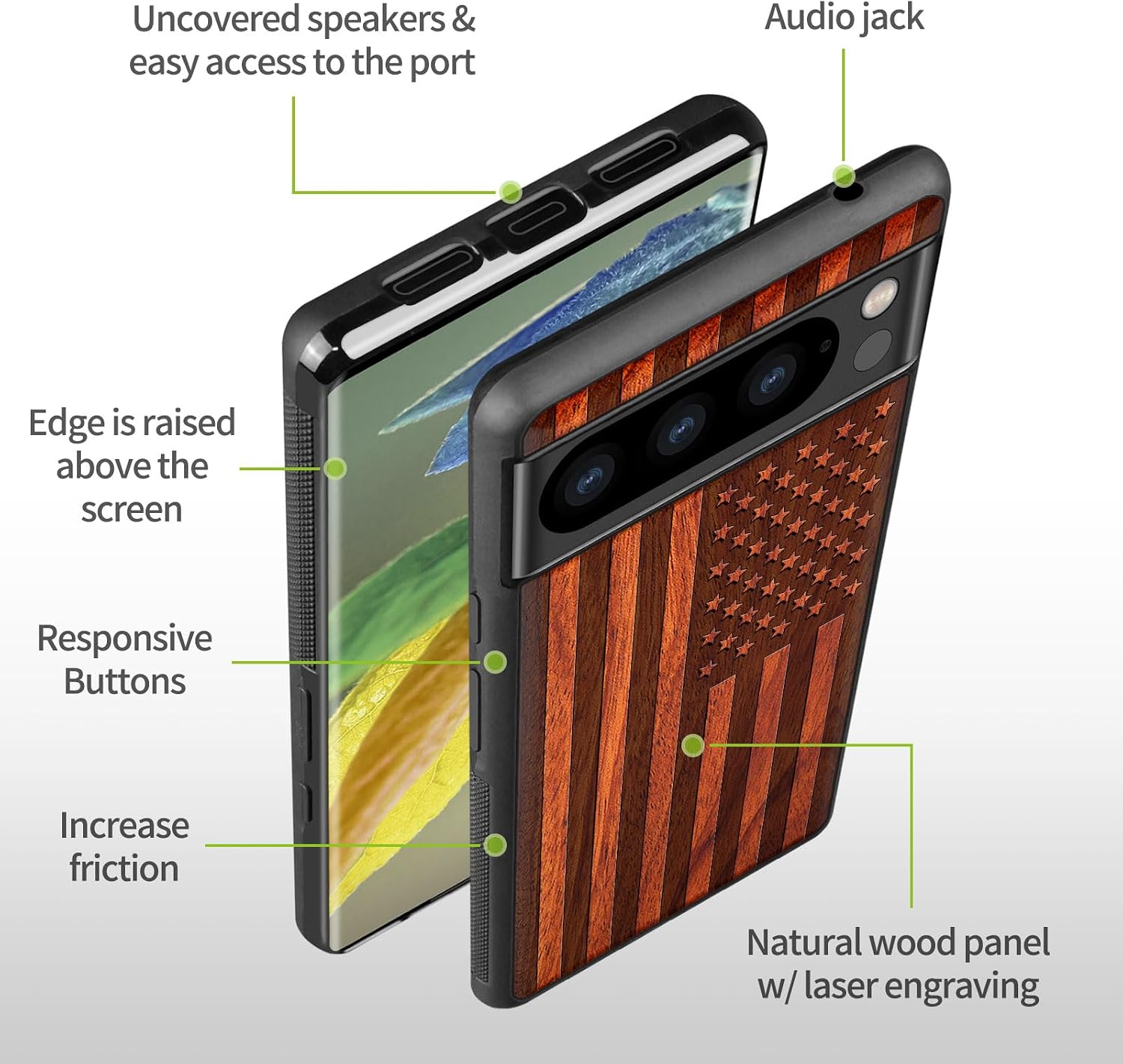 Carveit Wood Case for Pixel 8 Pro Case [Natural Wood & Black Soft TPU] Shockproof Protective Unique Wooden Cover Compatible with Google Pixel 8 Pro (American Flag-Rosy)