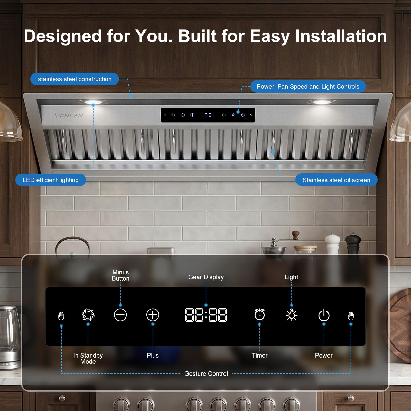 VENFAN 36 Inch Range Hood Insert, 1200 CFM Ultra Quiet Kitchen Vent Hood, Gesture & Touch Control, Ducted/Ductless Convertible, Stainless Steel with Memory Function - 5