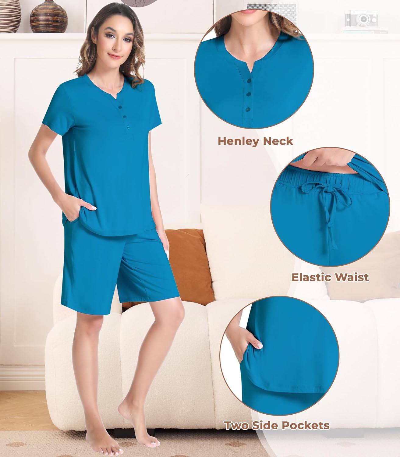 NACHILA Pajamas for Woman-Viscose Made from Bamboo,Short Sleeve Pajama Shorts Set Crew Neck Sleepwear Pleated Pjs Soft Top - Image 4