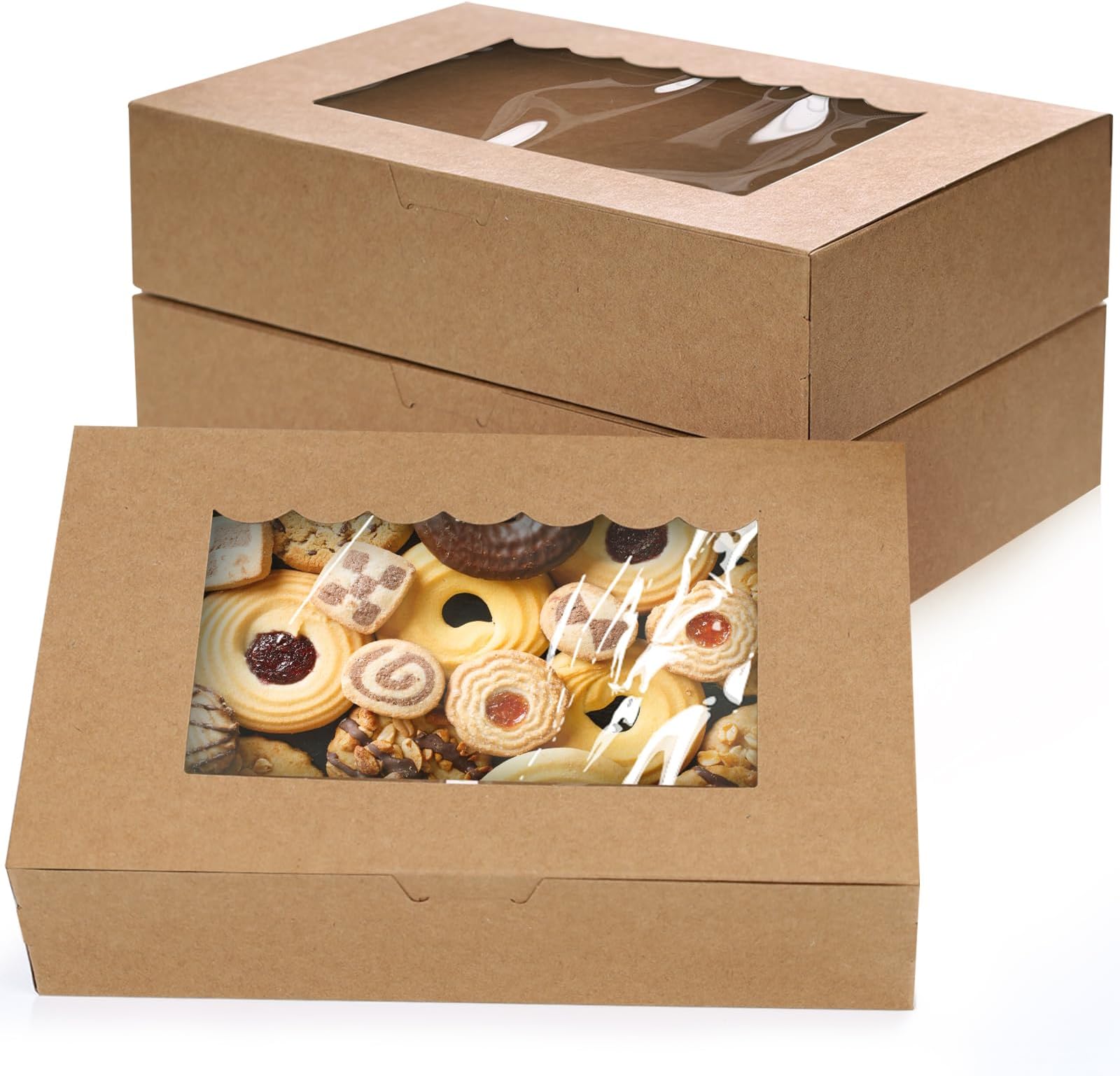 KEYIDO 20 Pack Kraft Cookie Boxes with Window, 8.5”×5.5”×2” Bakery Boxes, Brown Empty Gift Packing Boxes for Muffins Pastry Cupcake Candy Pie Party Favours