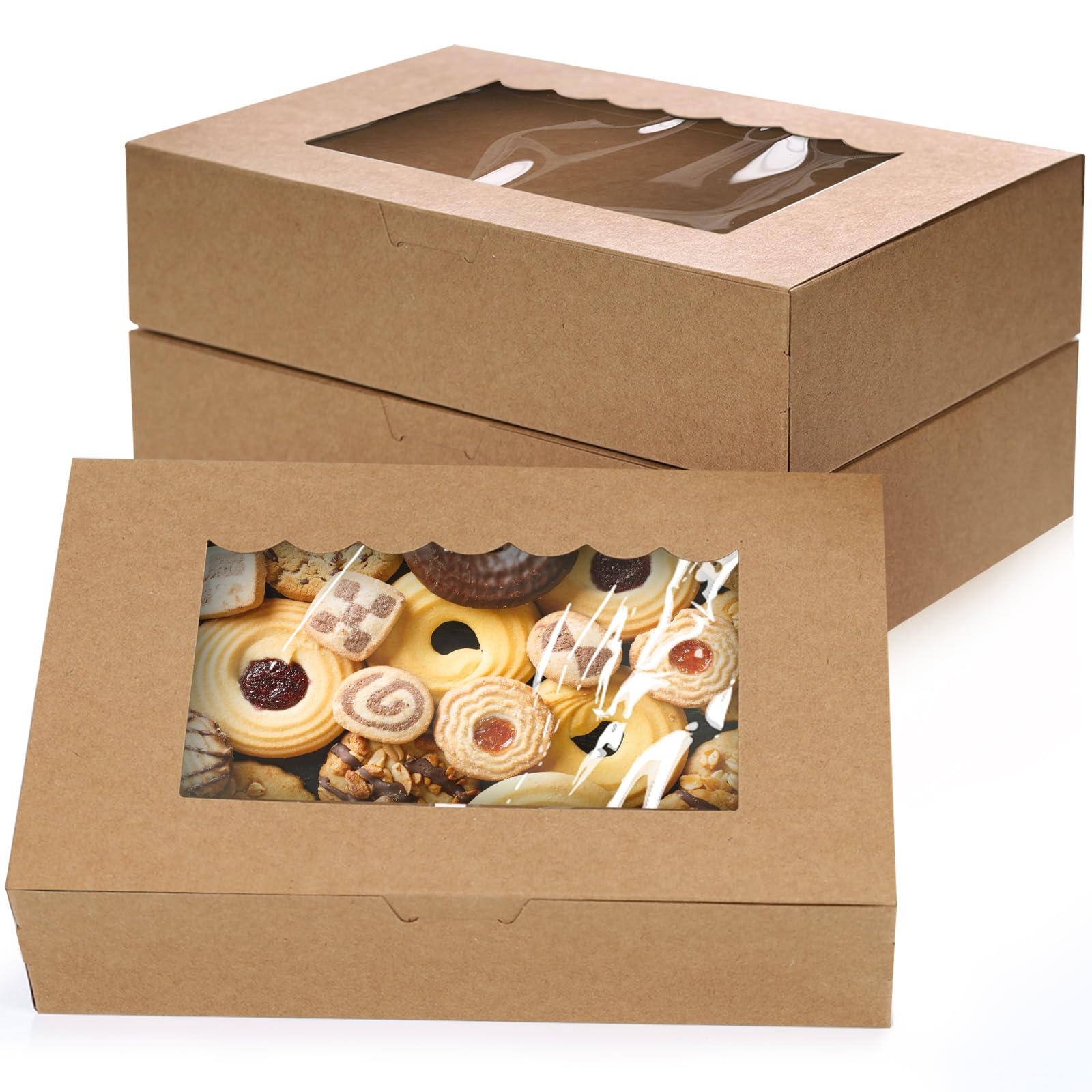 20 cajas de cartón de papel kraft con ventana, 21,5 x 14 x 5,1 cm, caja de regalo para galletas, magdalenas, dulces, pasteles