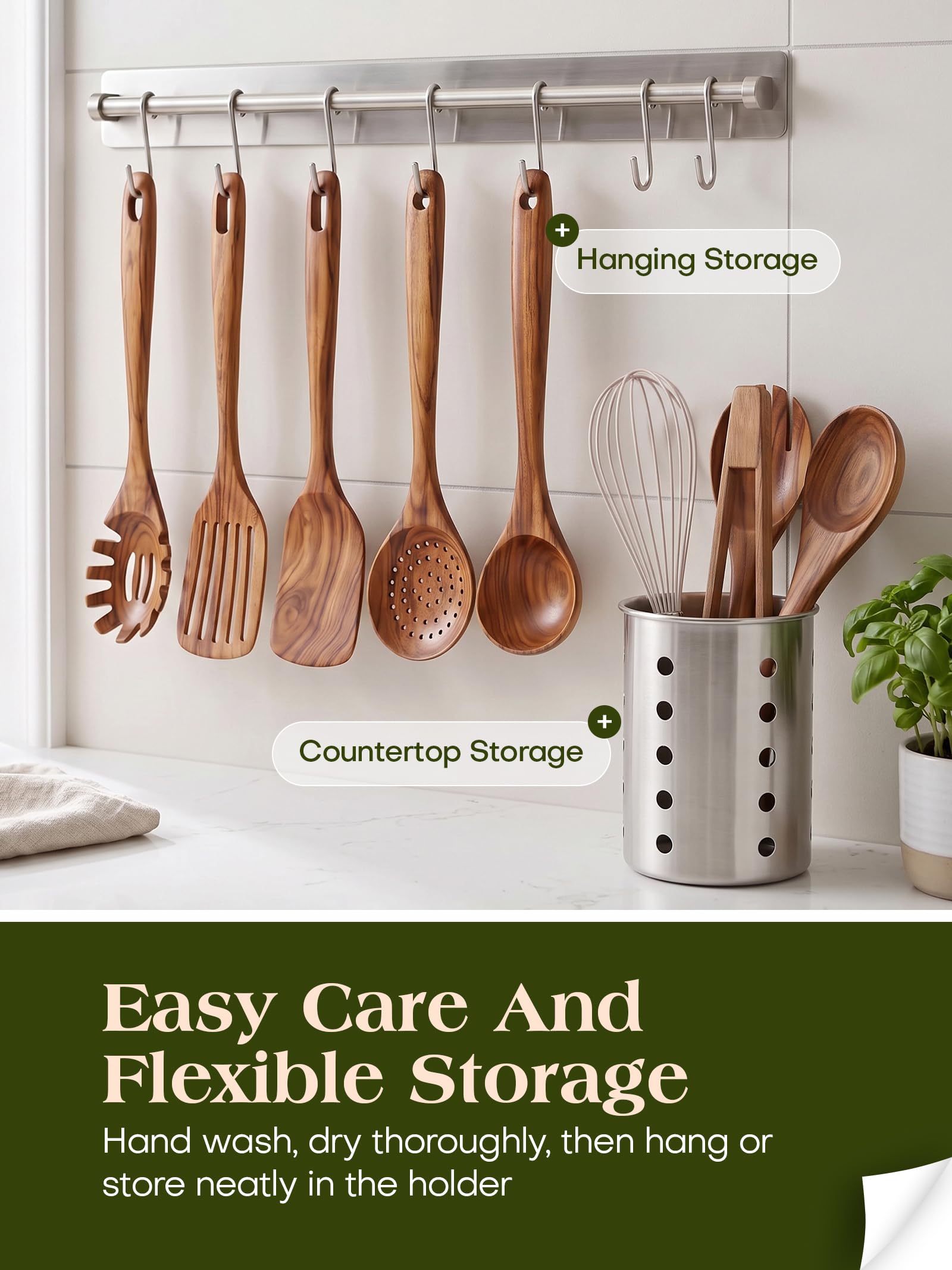 Set di utensili da cucina con supporto, utensili da cucina in legno per cucinare, utensili da cucina in legno di teak naturale, set di utensili da cucina in legno con spatola e mestolo (11)