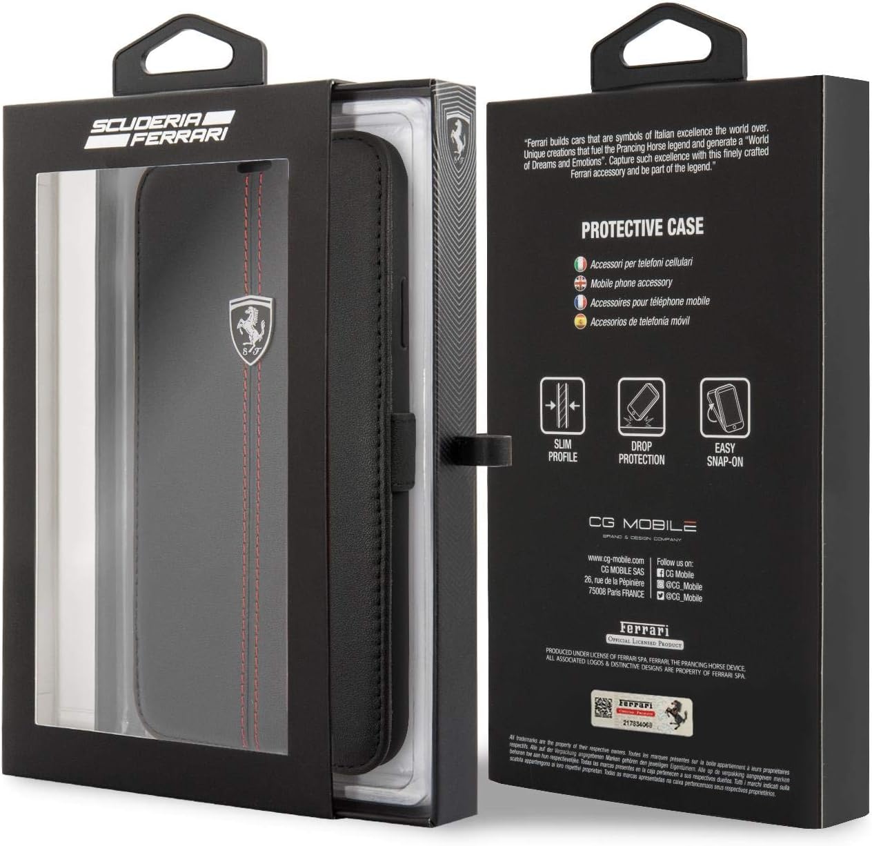 Lіmіtеd Stосk Ferrari Phone Case for iPhone 11 Pro in Black with Red Center Lines, Real Leather Protective & Durable Wallet Case with Accessible Ports, Shock Absorption & Signature Logo