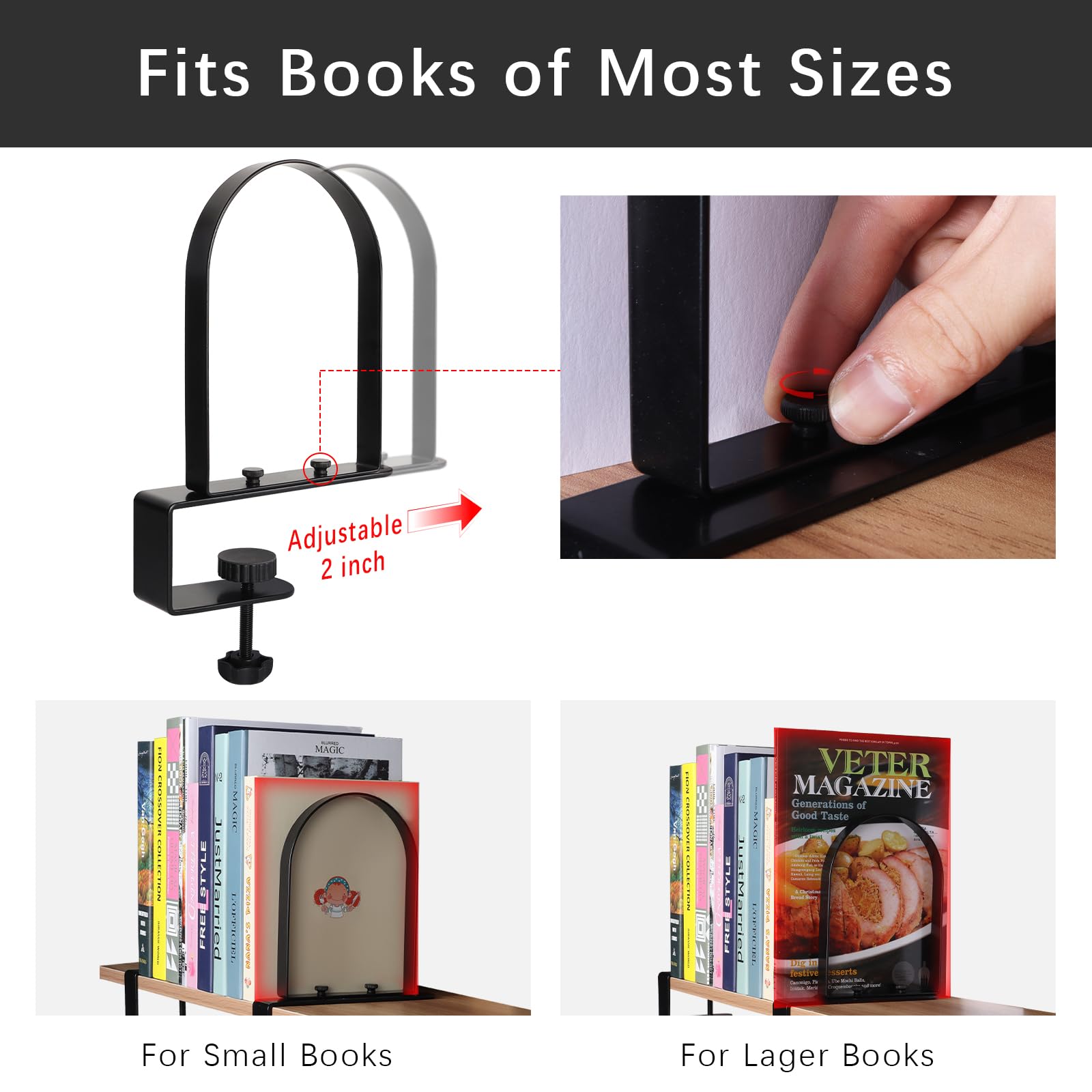WOMACO Buchstützen für schwere Bücher, robuste Buchstütze für Regale, super stabil, Klemmen, rutschfeste Metall-Bücherregale, Stopper für CDs, Vinyl-Schallplatten (Schwarz, 2 Paar)
