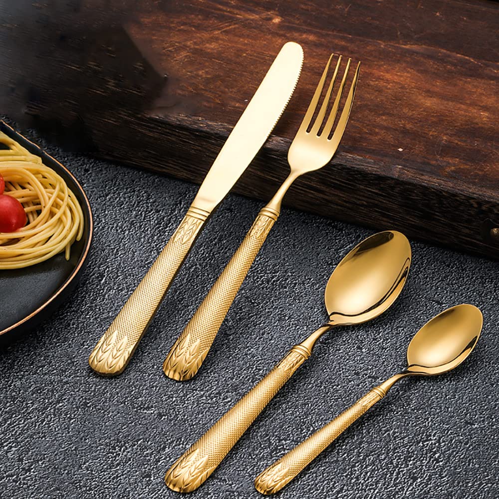 Edelstahlbesteck Besteckset, 24-teiliges Besteckset aus Edelstahl for 6 Personen mit Griffen in Weizenmuster, einschließlich Steakmessern, Gabeln und Besteck, spülmaschinenfest, Gold-Finish