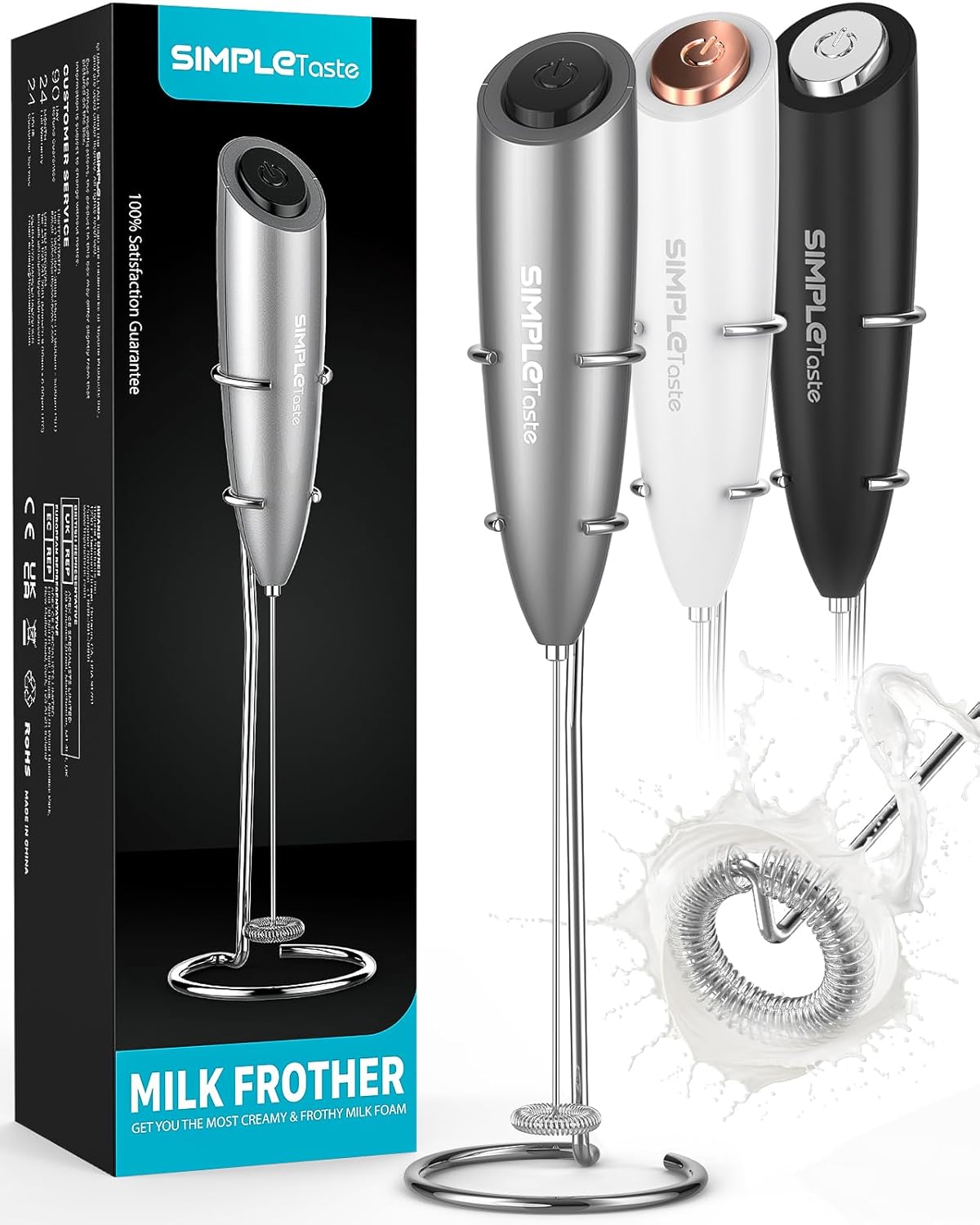 SimpleTaste Electric Milk Frother, One Touch Handheld Battery Powered