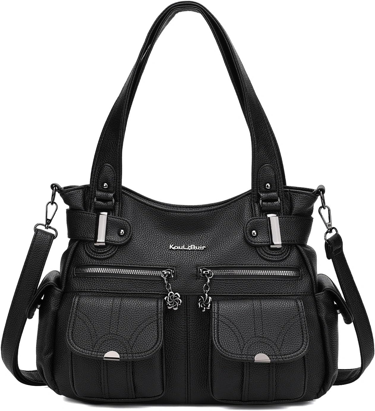 KouLi Buir Large Tote Bag for Women, Multi-Pocket Hobo Shoulder Purse, Soft PU Leather Crossbody Bag and Handbag