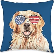 Golden Retriever Dog American Flag Sunglasses Patriotic Throw Pillow