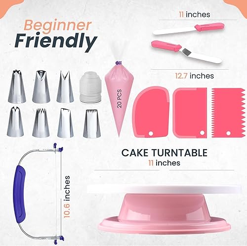 Miniatura 2 de RFAQK 35PCs Cake Turntable and Leveler-Rotating Cake Stand with Non Slip pad-7 Icing Tips and 20 Bags- Straight & Offset Spatula-3 Scraper Set