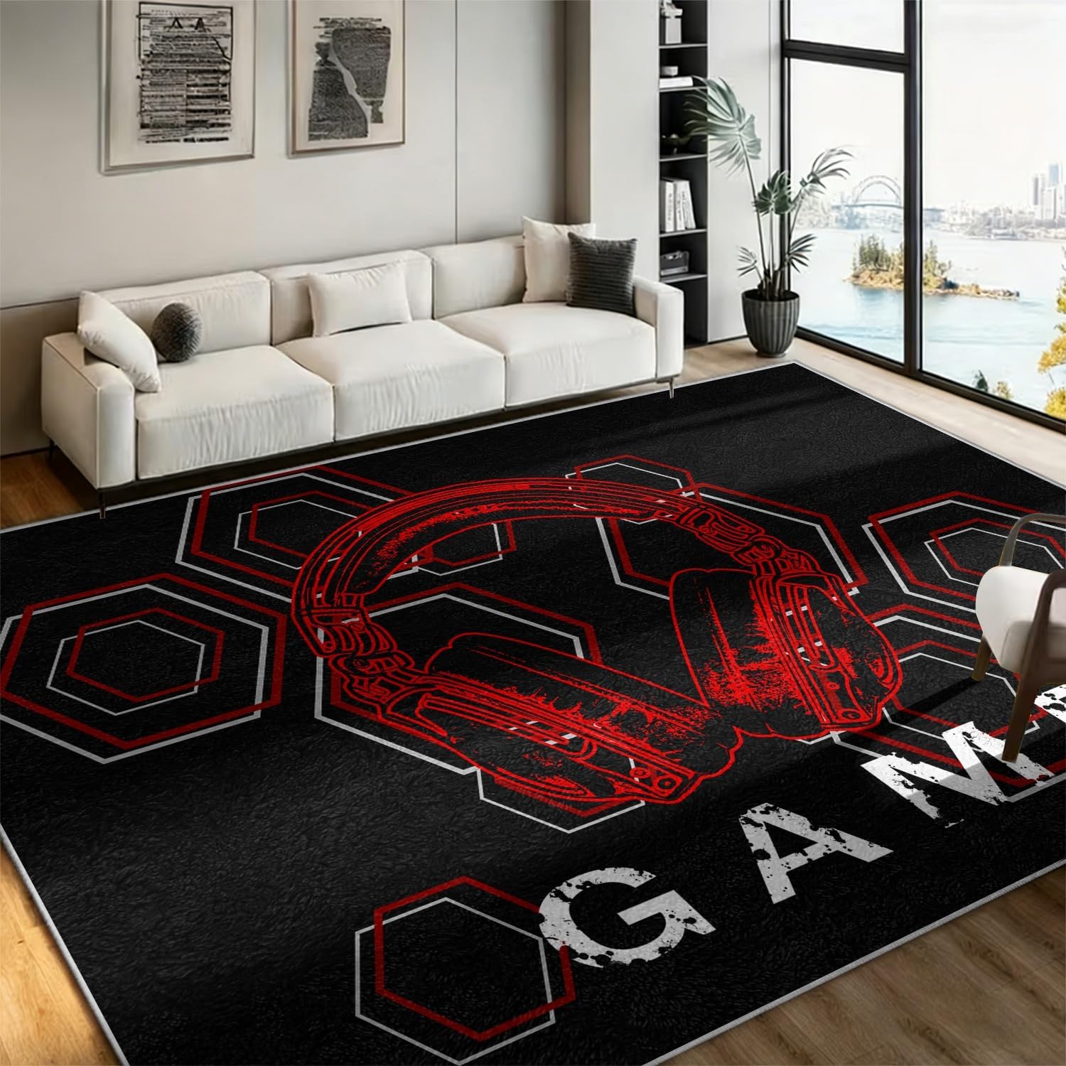Cool Gaming Area Rug, 5x7ft, Red Gaming Headset Carpet Geometric Hexagon Video Game Room Decor, Modern Washable Foldable Non Shedding Rug, Comfy Soft Unique Gift for Kids Teens Men